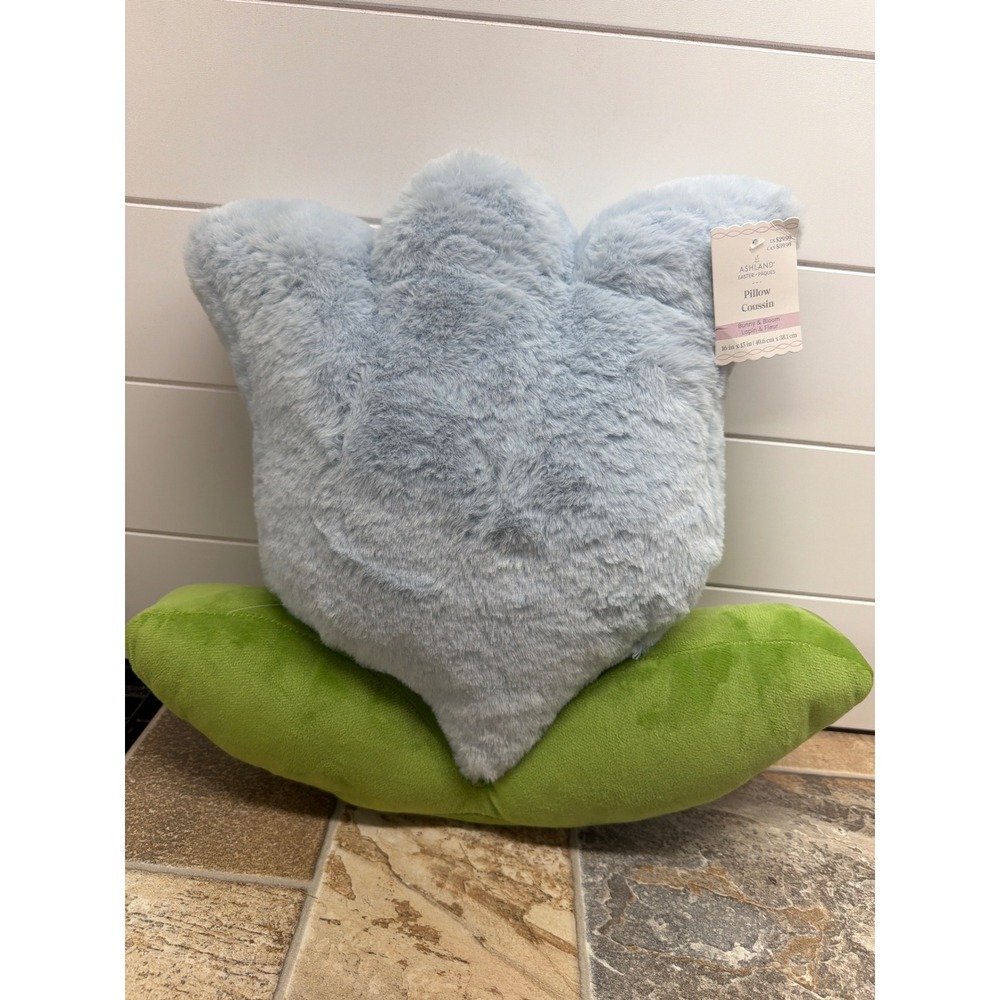 Ashland Bunny & Bloom Blue Faux Fur Tulip Flower Decorative Pillow 16x15 NWT